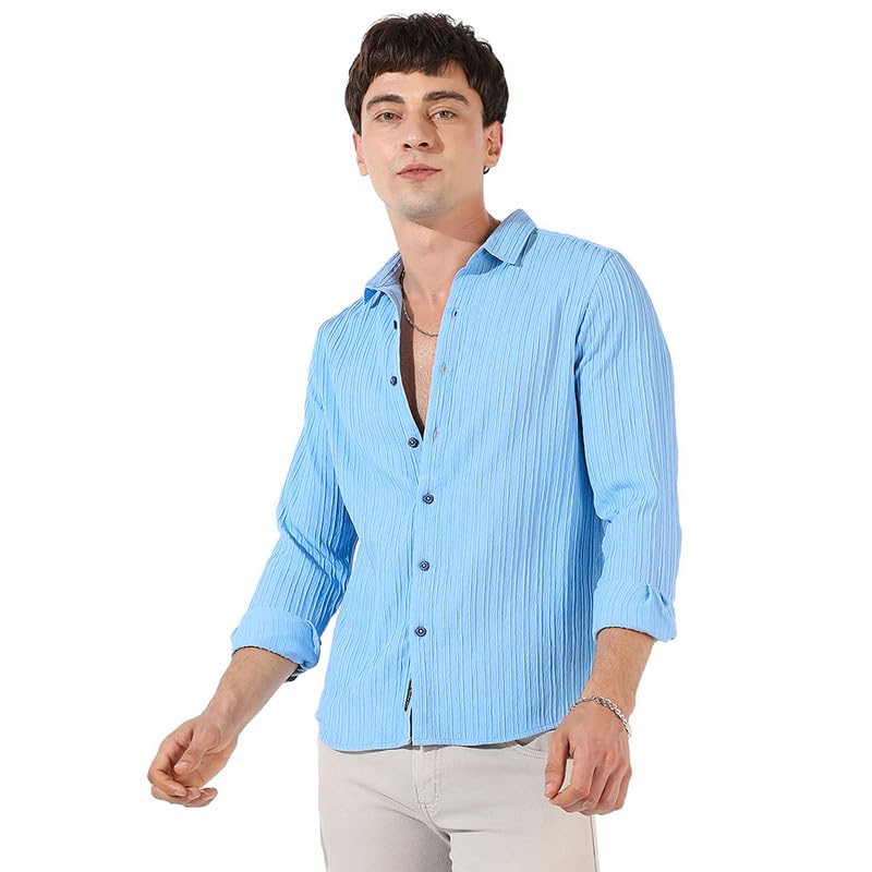 Campus Sutra Mens Powder Blue Self-Design Striped Shirt for Casual Wear | Spread Collar | Long Sleeve | Button Closure | Shirts