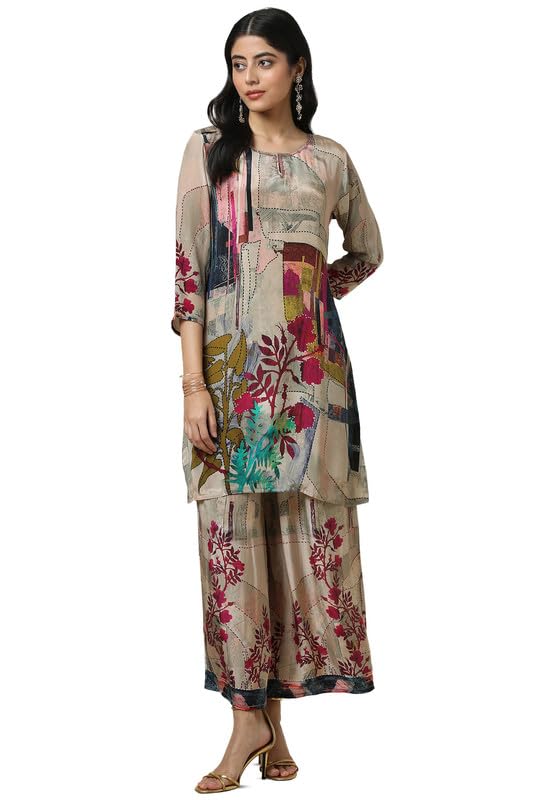 Soch Womens Beige Crepe Abstract Print Co-Ord Set With Beads