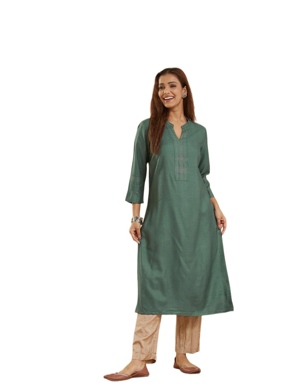 Fabindia Women's Green Viscose Silk Solid Regular Fit Long Kurta