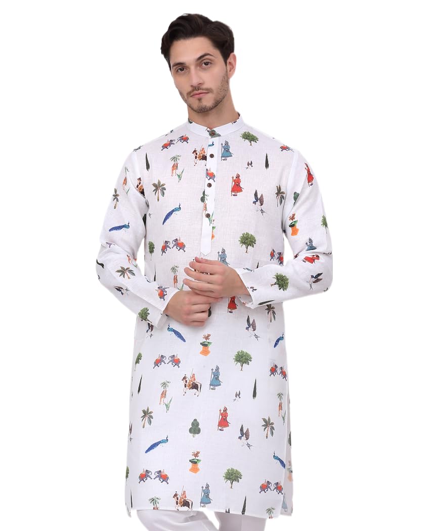 Jompers Mens Animal Printed Pure Cotton Straight Kurta