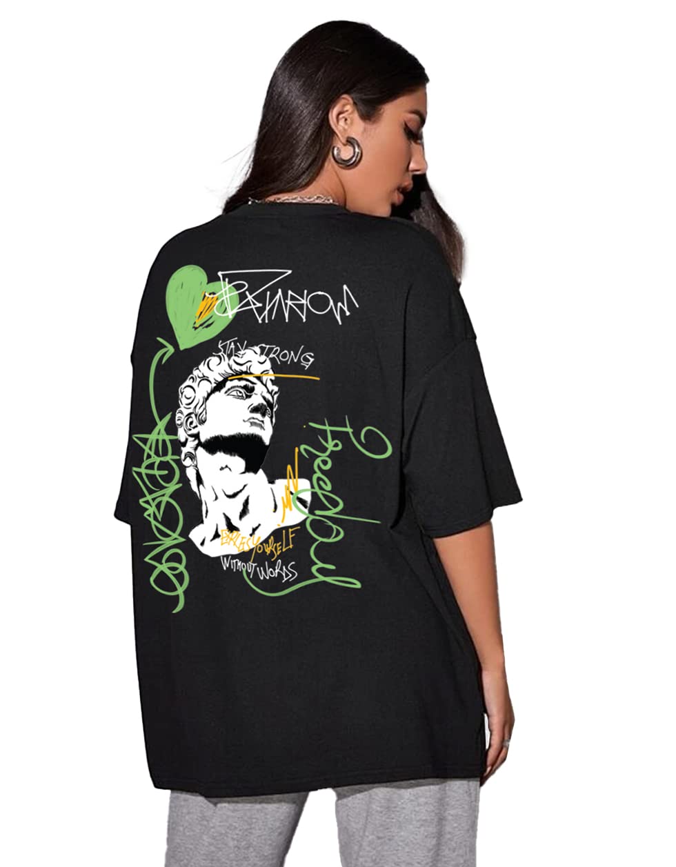 Juneberry Oversized Loose Baggy Fit Drop Shoulder Half Sleeves Pure Cotton Stay Strong Graphic Printed Black & Mint Green Round