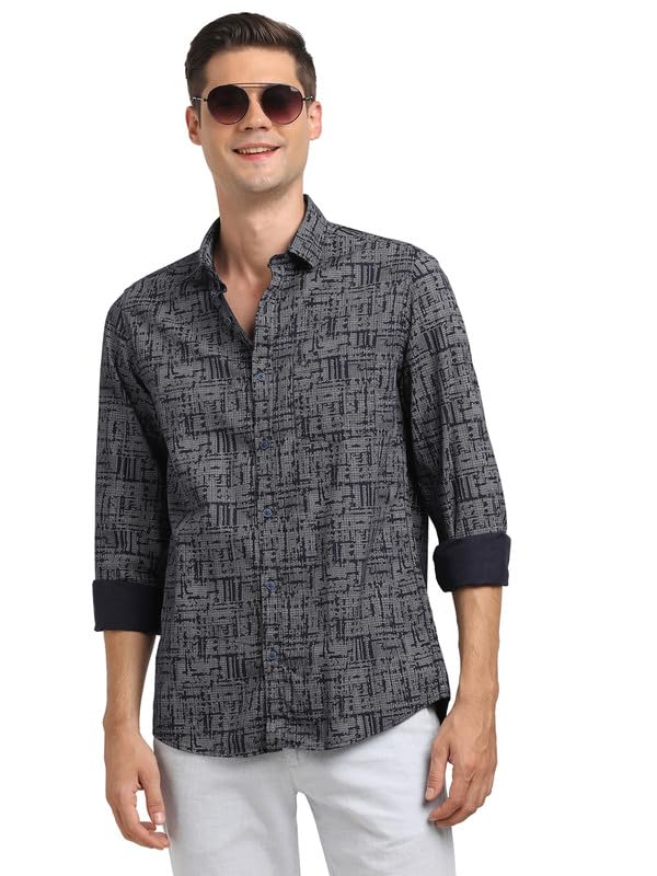 Turtle Men 100% Cotton Navy Prints Slim Fit Casual Shirt