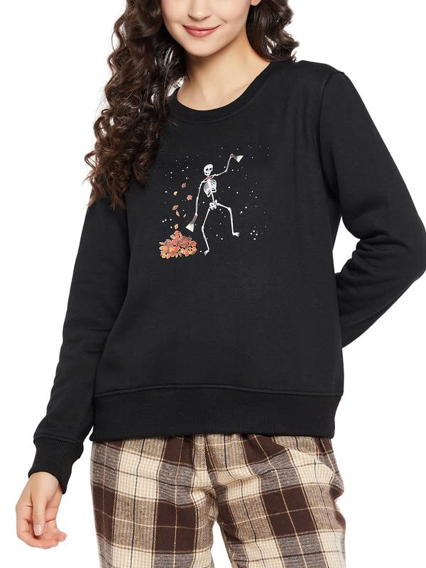 Clovia Womens Fleece Graphic Print Sweatshirt in Black (LTW164P13_Black_XL)