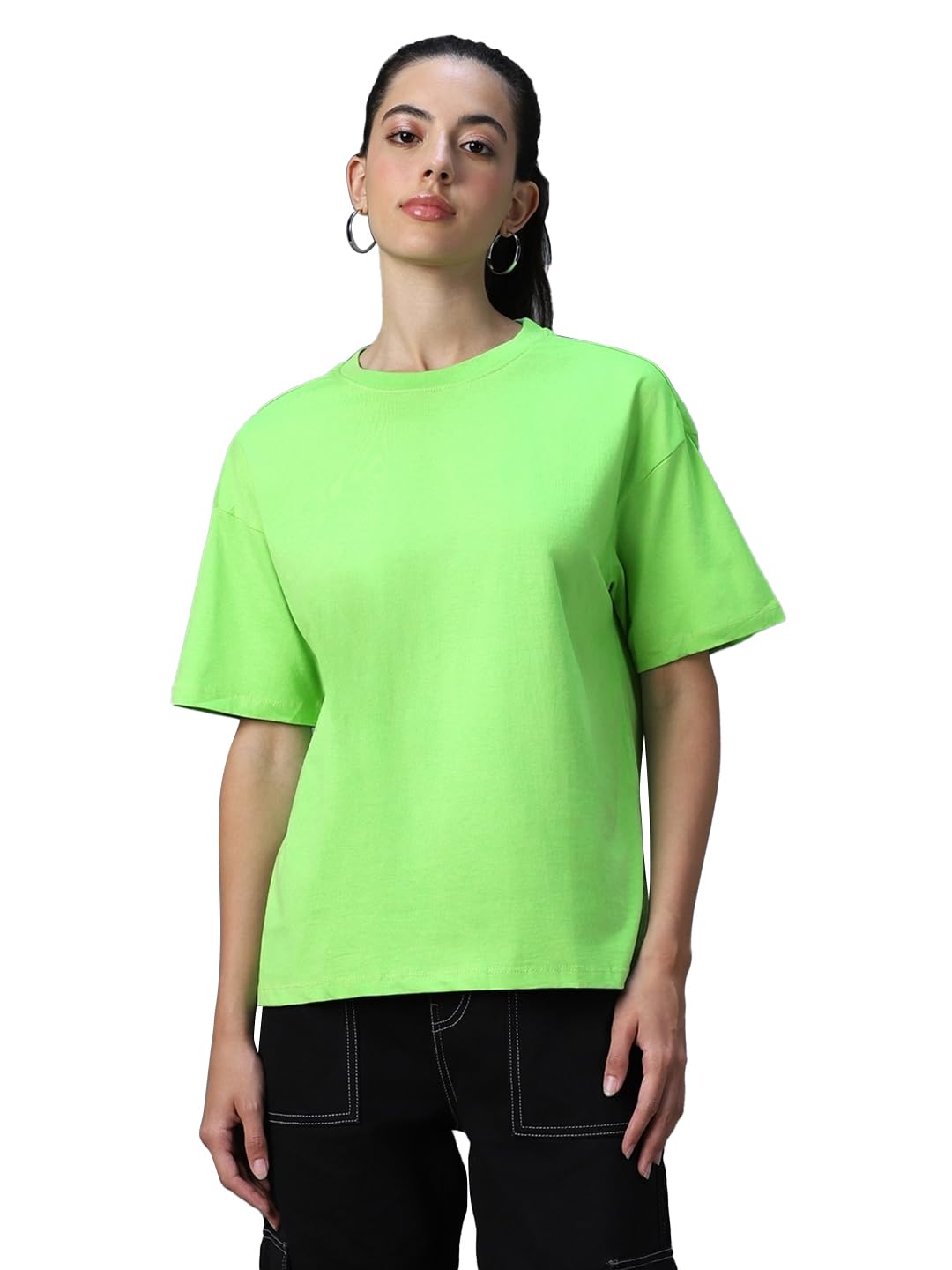 Bewakoof Womens Solid Oversized Half Sleeve Round Neck Cotton T-Shirt_538099_Green_M