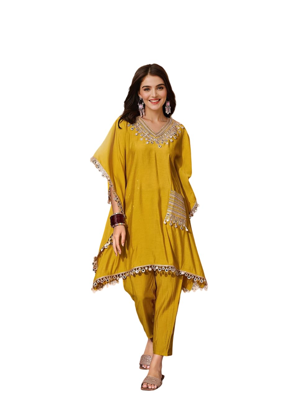 Ishin Women Mustard Embellished Zari Work Kaftan With Solid Pants