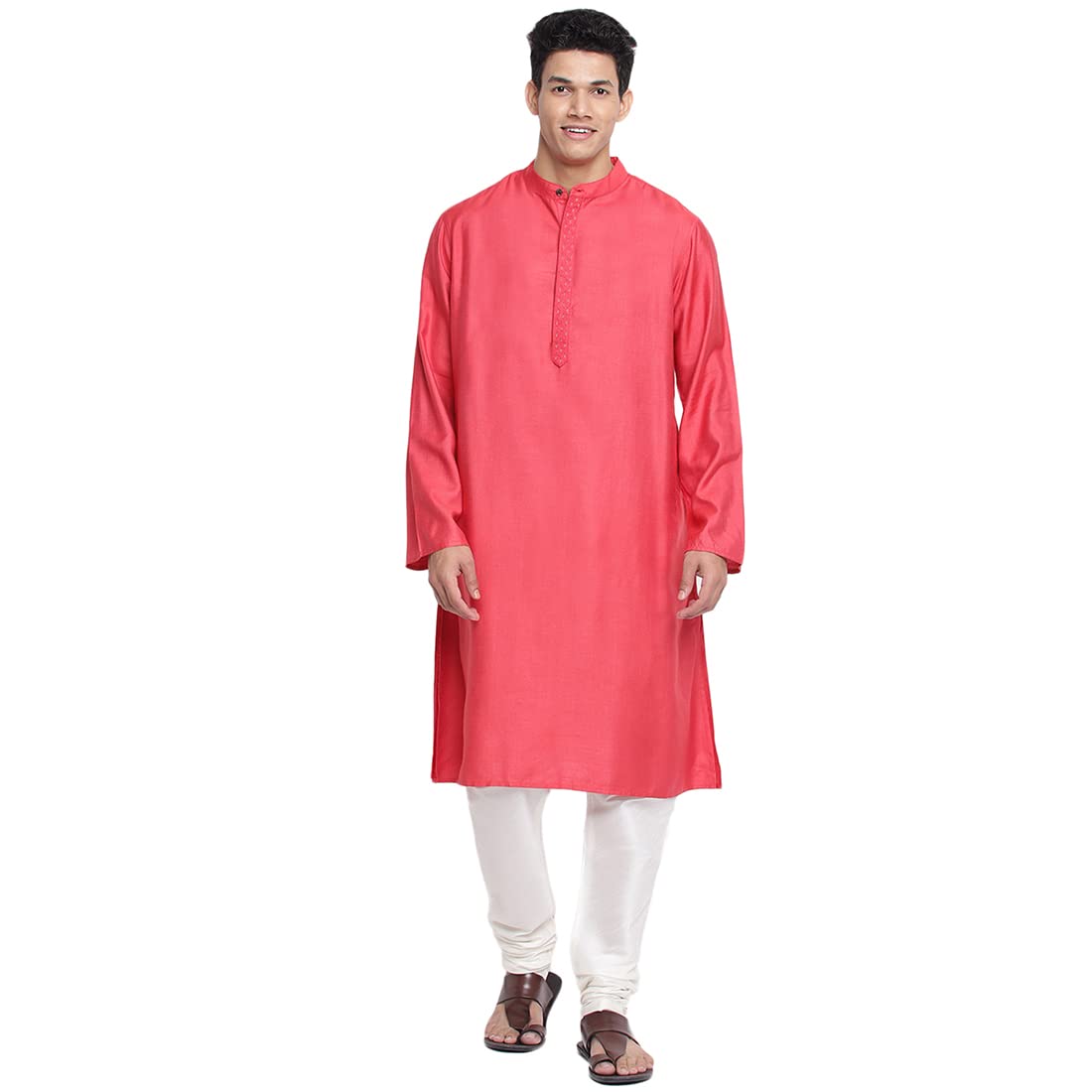 Fabindia Men Viscose Silk Woven Long Kurta Red_S