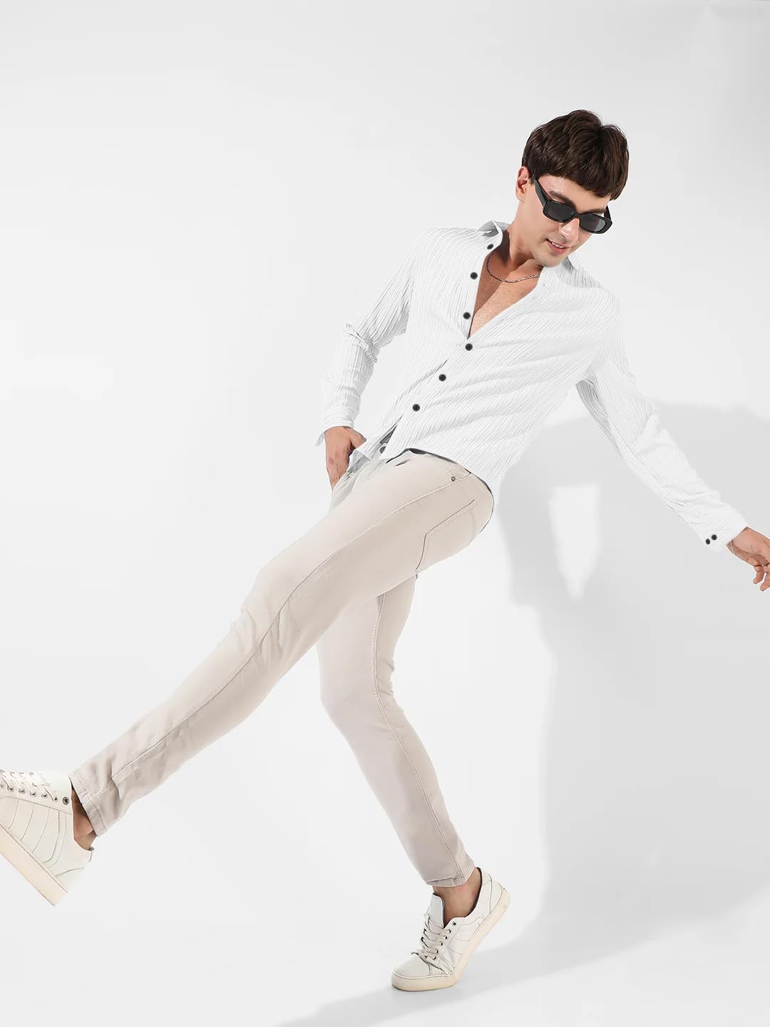 Finivo Fashion MenS Cotton Casual Striped Button Down Shirts Long Sleeve Textured Summer Beach Shirt For Men White