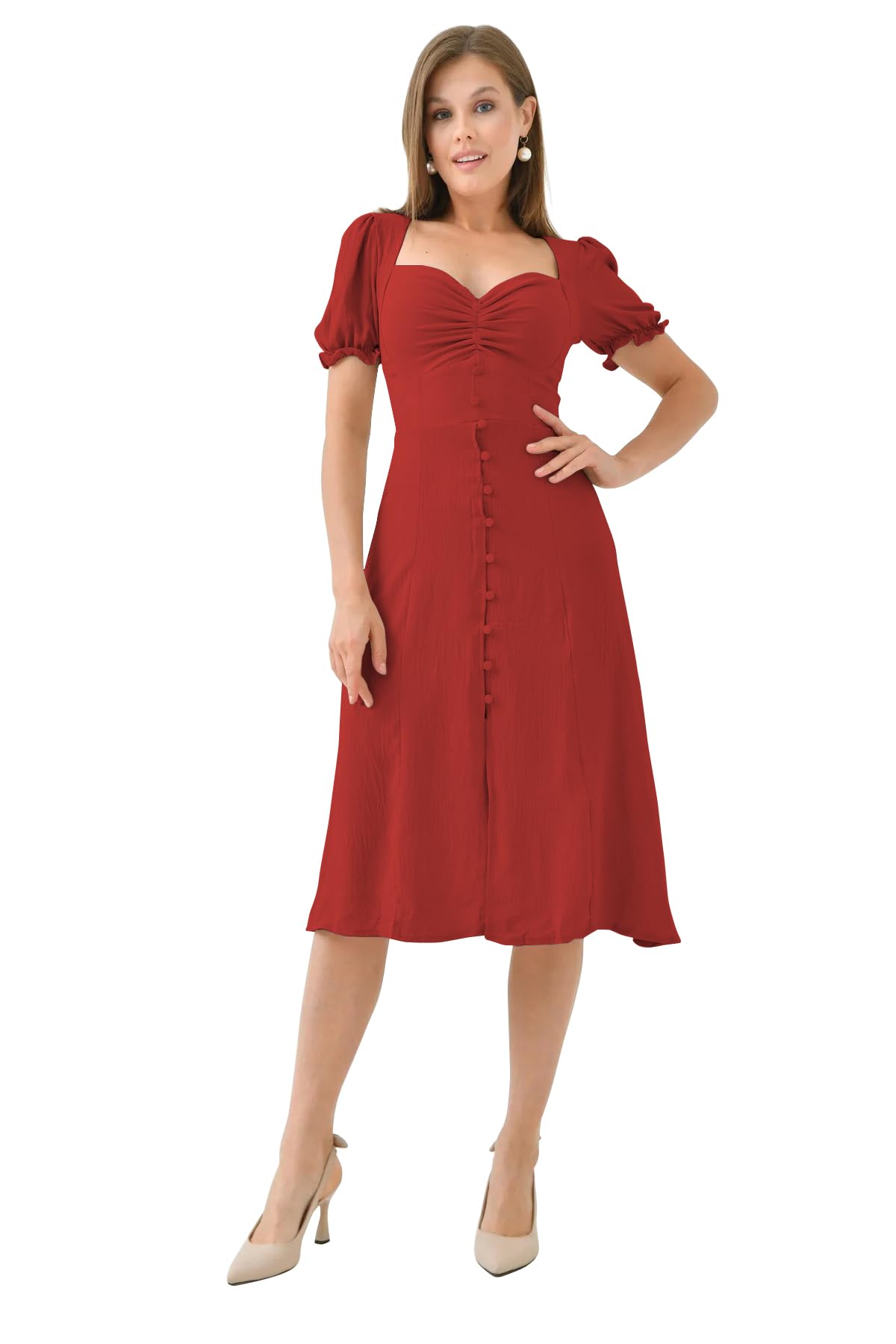 Shasmi Girls & Womens Solid Red Midi Dress Elegant Square Neck Button-Down Dress with Puff Short Sleeves | Stylish Casual & P