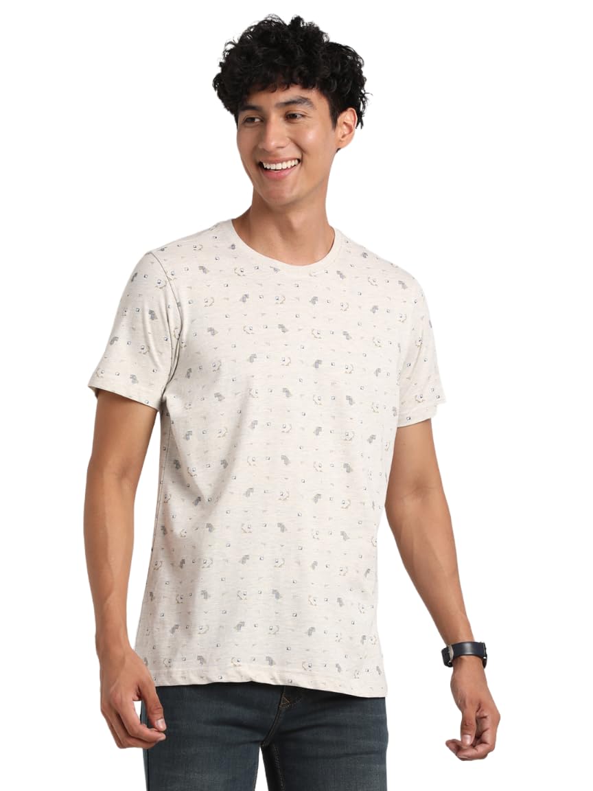 Turtle Men 100% Cotton Slim Fit Printed Crew Neck Tshirt Off White