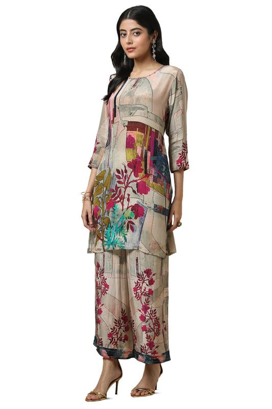 Soch Womens Beige Crepe Abstract Print Co-Ord Set With Beads