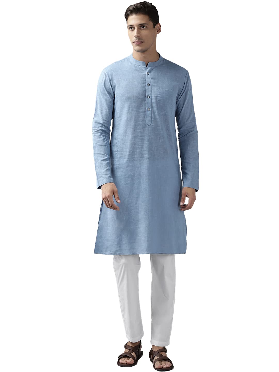 See Designs Mens Kurta - Specially Crafted And Designed For The Eid Festival Men Blue Cotton Straight Kurta With Slub Effect Wit