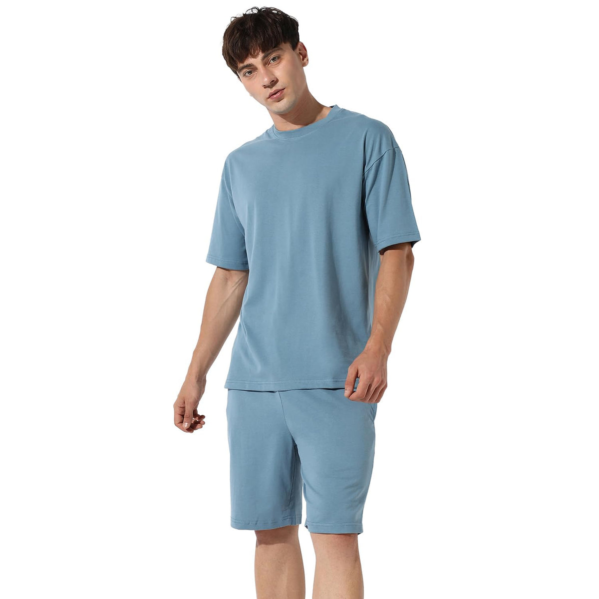 Campus Sutra Mens Solid Blue Casual Co-Ord Set for Casual Wear |Cotton Poly Lycra Fabric |Pull On T-Shirt |Pull On Shorts |Clot