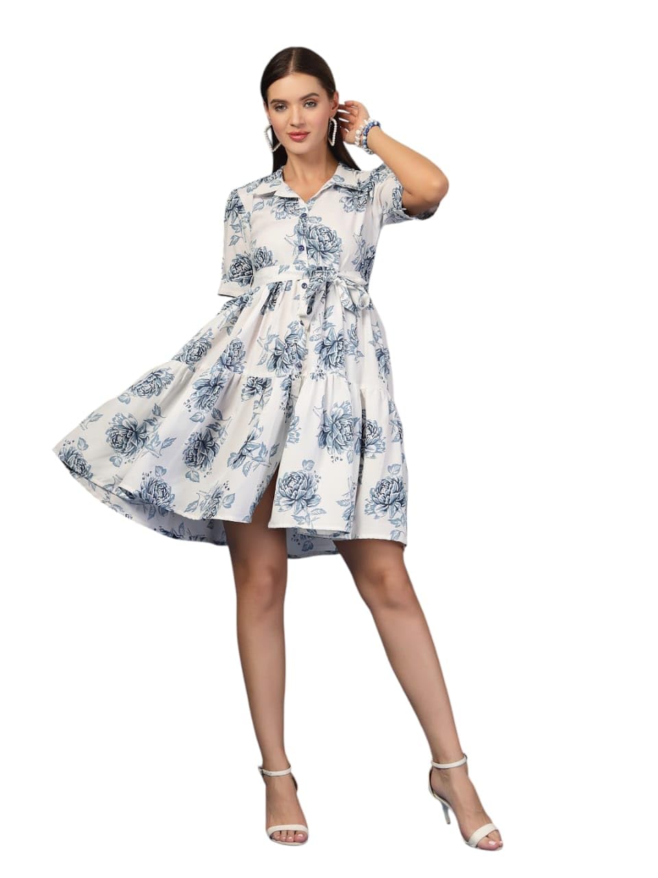 Stylum Womens Floral Printed Cotton Flared Dress Blue
