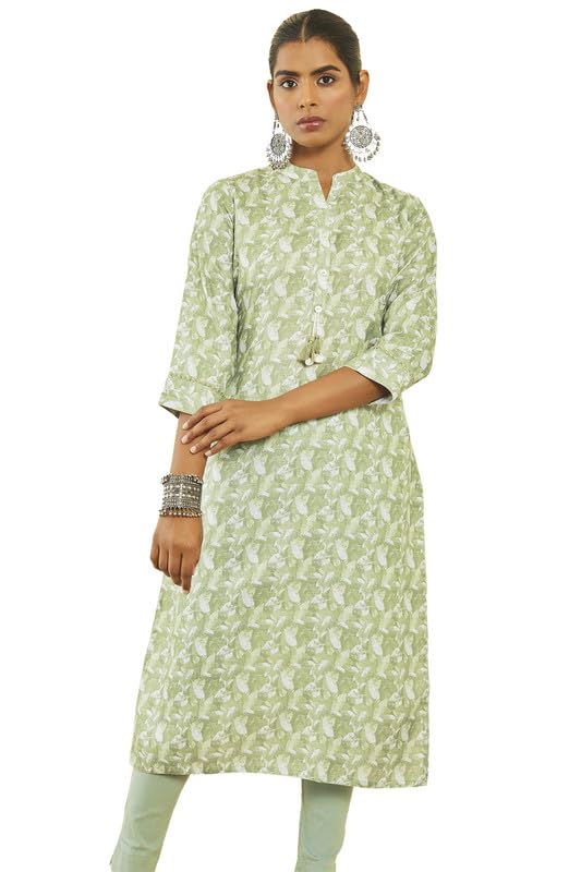 Soch Womens Green Poly Cotton Leaf Print Straight Kurta with Pocket