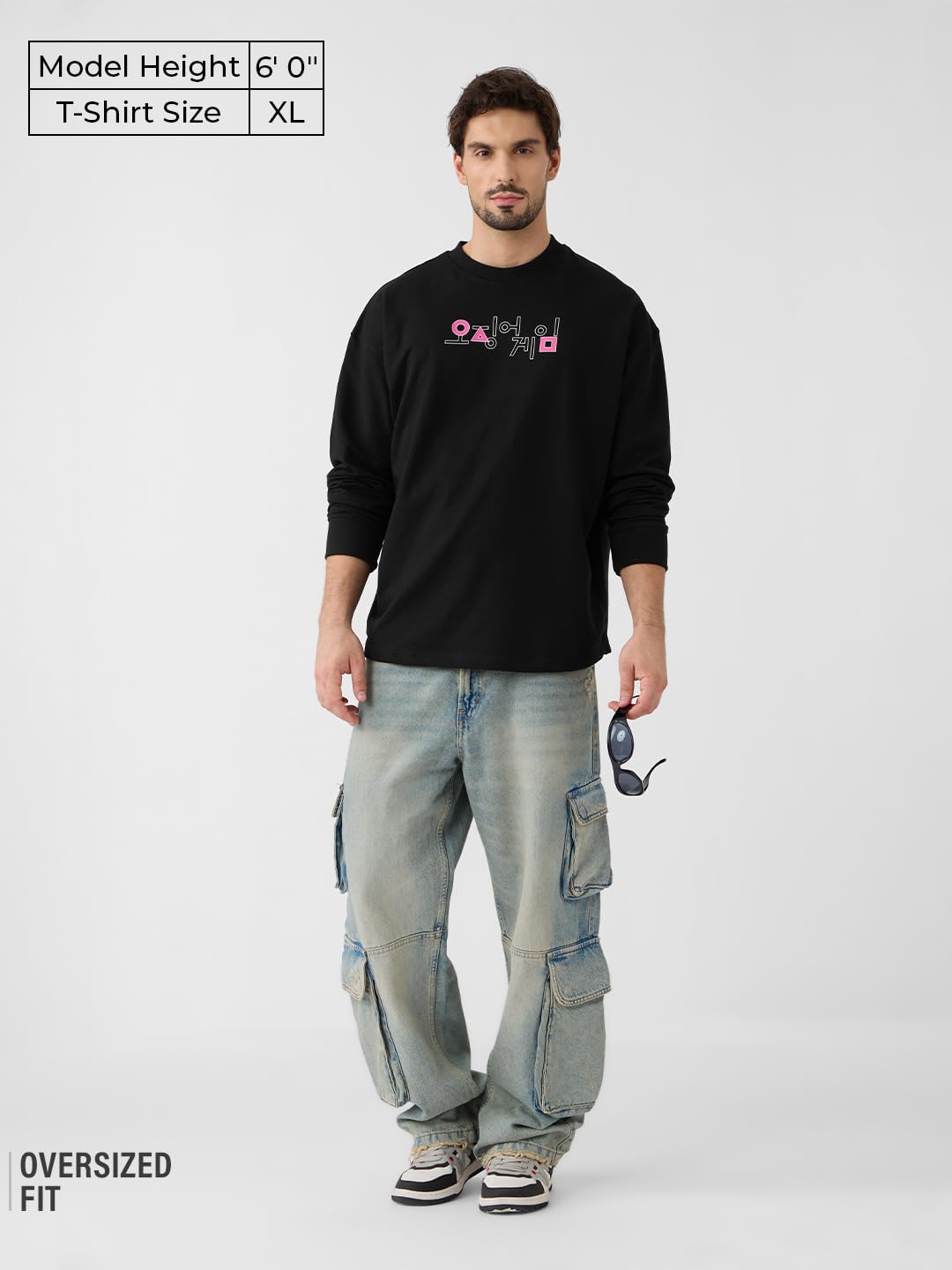 The Souled Store Squid Game: Players Men and Boys Round Neck Black Graphic Printed Cotton Oversized Full Sleeve T-Shirts