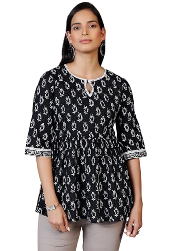 Libas WomenS Pure Cotton Printed A-Line Kurtis (26590_Black