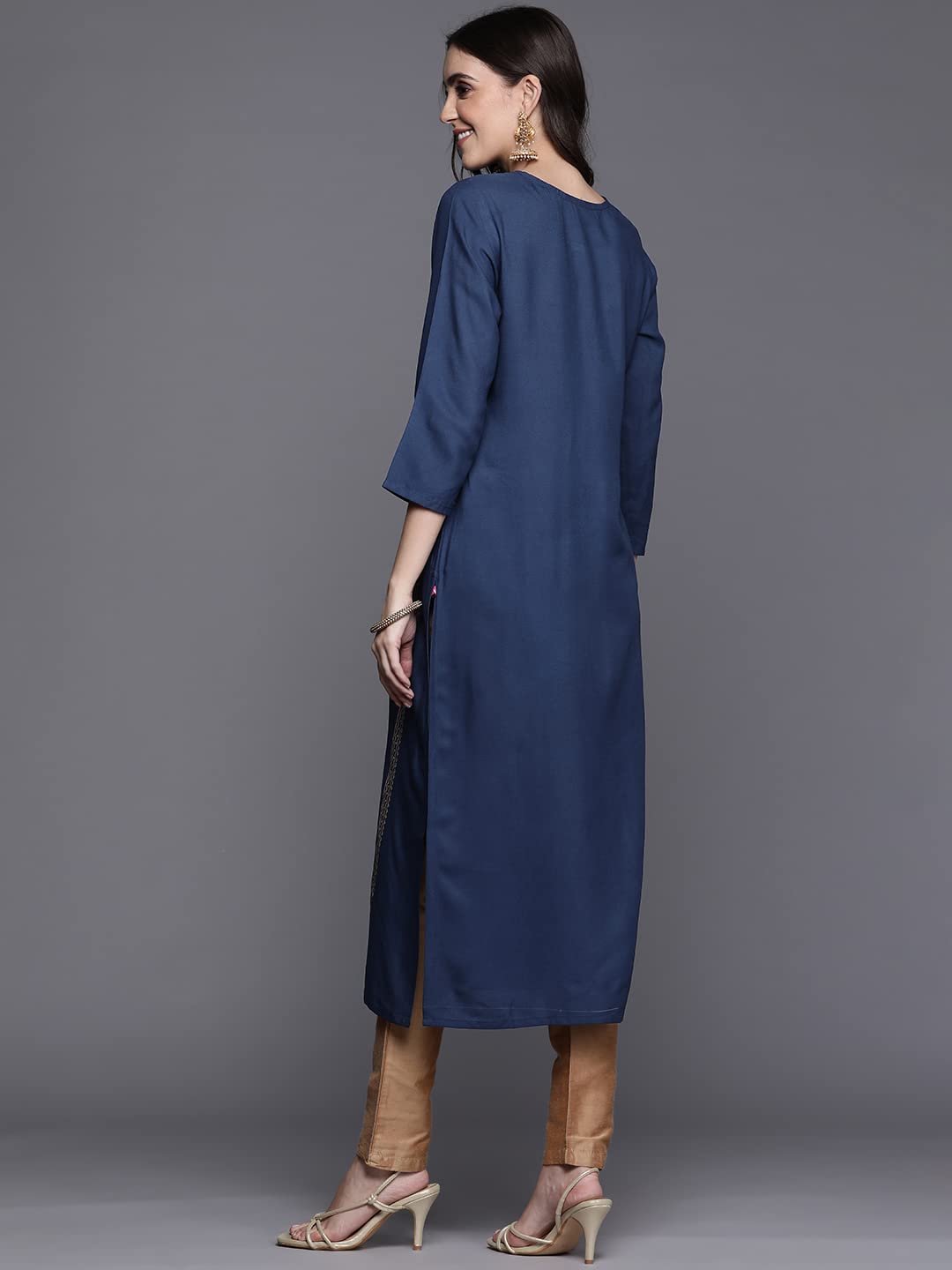 Varanga WomenS Rayon Regular Kurta Set (Vkur309_Navy