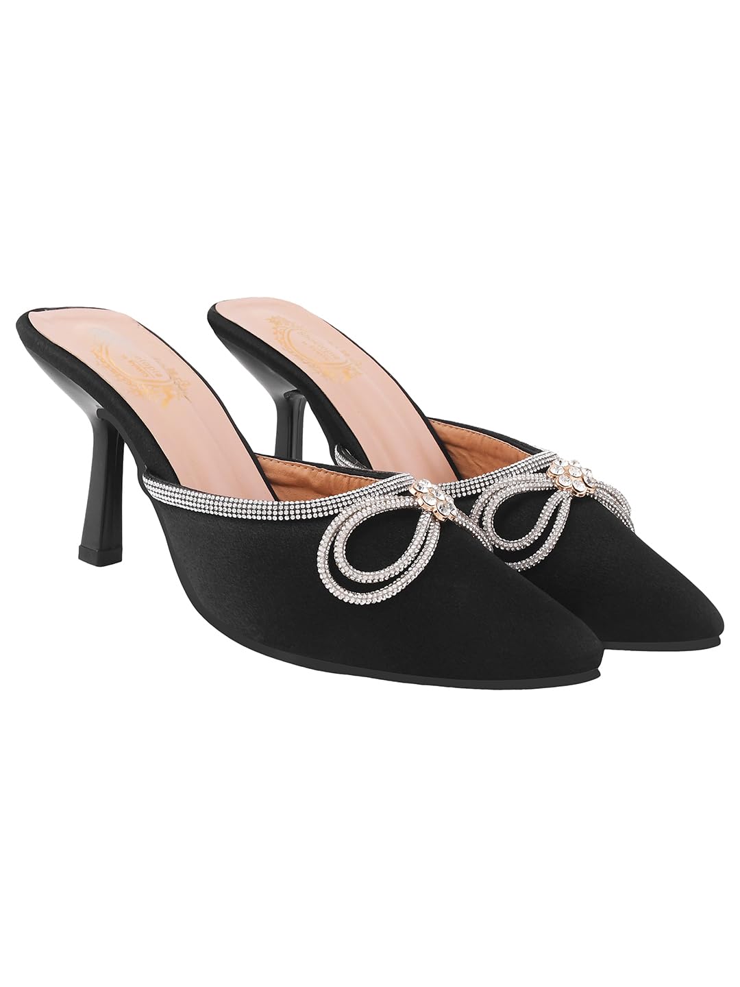 Shoetopia WomenS Black Elegant Ivory Satin Mule Heels With Crystal Bow Pointed Toe Slip-On Dress Rhinestone For Party Or Eveni