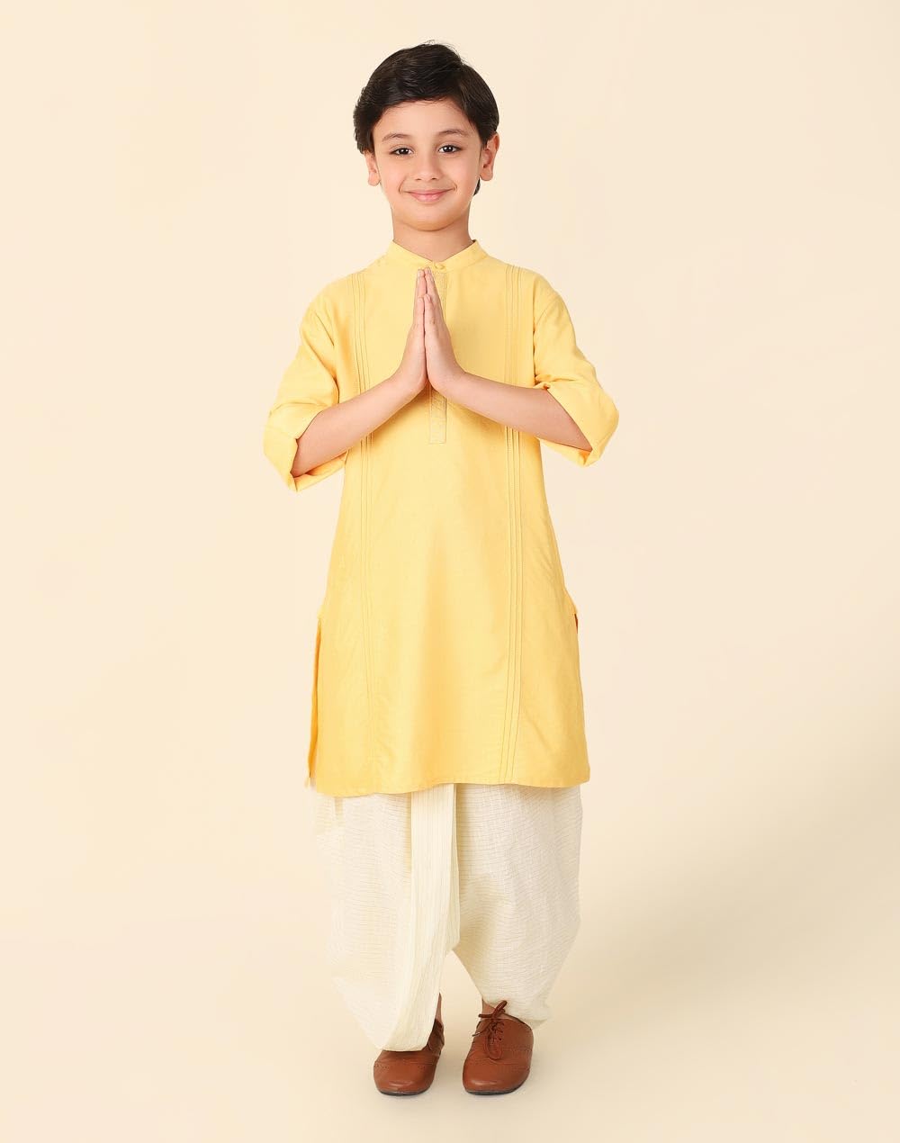 Fabindia Boy's Viscose Silk Solids Regular Fit Dhoti Set (1028665LIGHTYELLOW_LightYellow