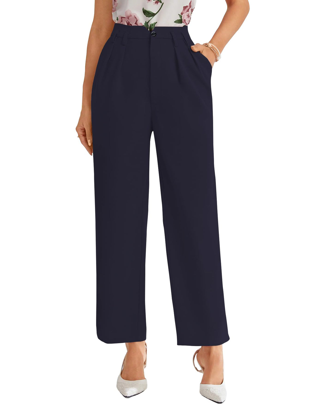 Shasmi Womens Navy Blue High Waist Pleated Straight Leg Trousers Elegant Solid Color Work Pants with Pockets, Casual Office Wea