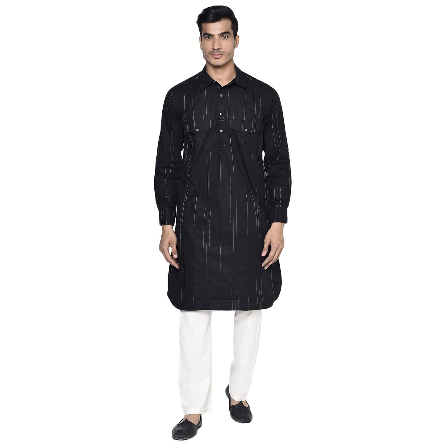 Fabindia MenS Cotton Pintucks Regular Kurta_Black_Xs