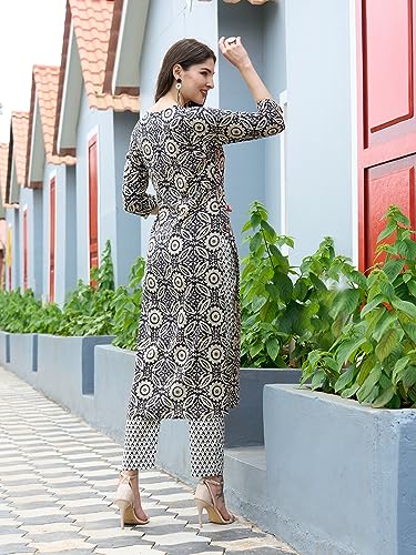 ANNI DESIGNER Women's Cotton Blend Straight Printed Kurta with Pant Set (Vibi Grey_XL_Grey_X-Large)