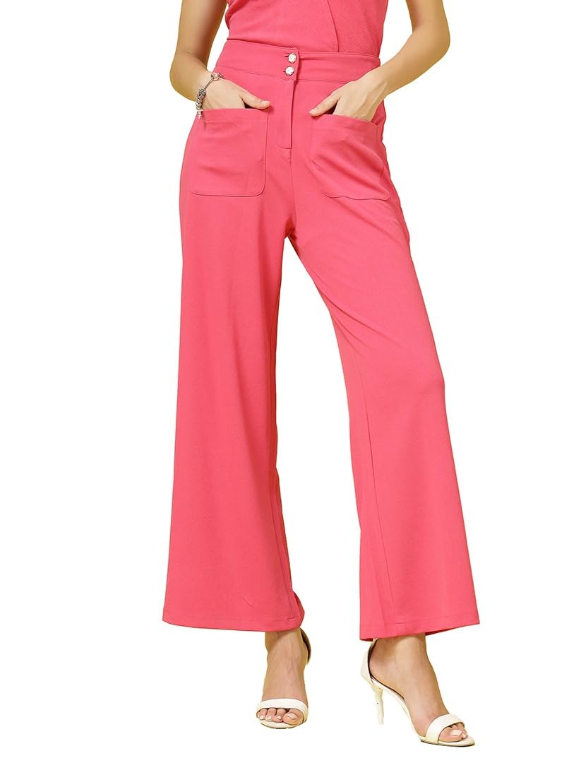 Womens Wide Leg Pants | Solid Pink Stretchable Polyester Trousers | Stylish Korean Clothing | Flared, Straight Fit, Baggy, and