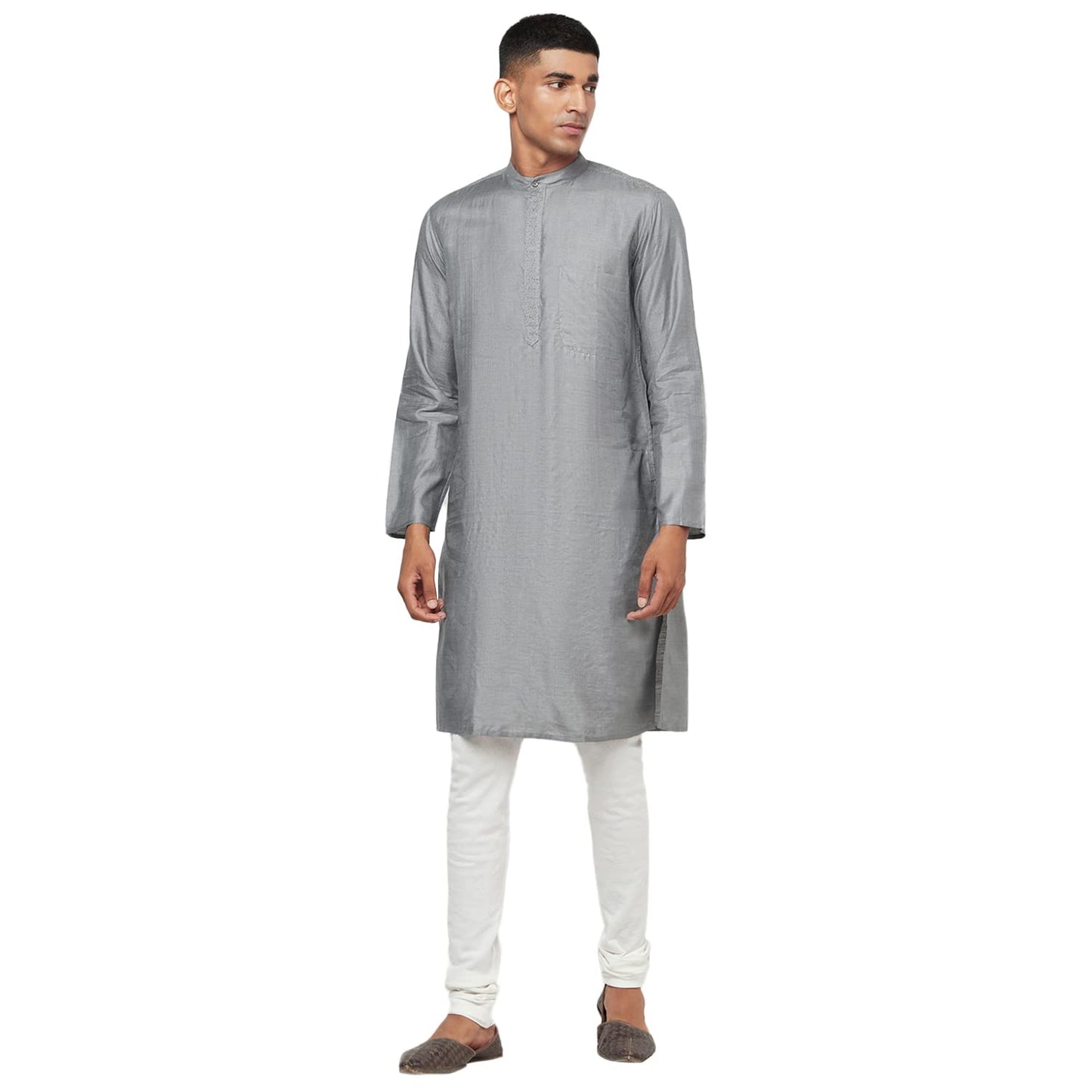 Fabindia Men's Grey Silk Embroidered Slim Fit Long Kurta