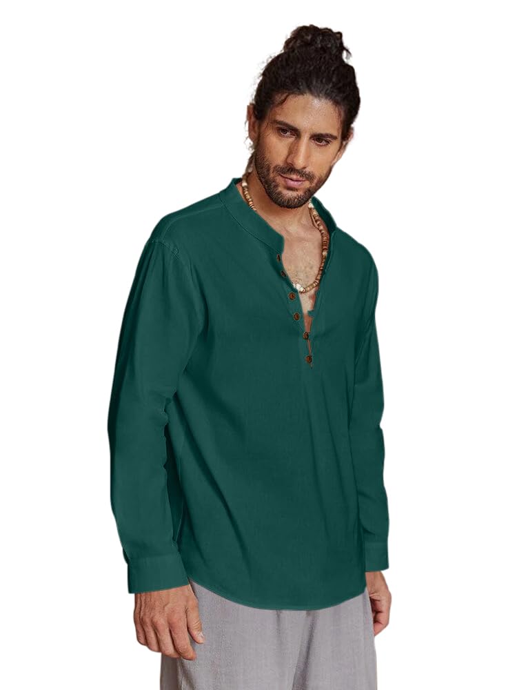 ROYALSCOUT Mens Cotton Solid Full Sleeve Short Kurta Shirt Green