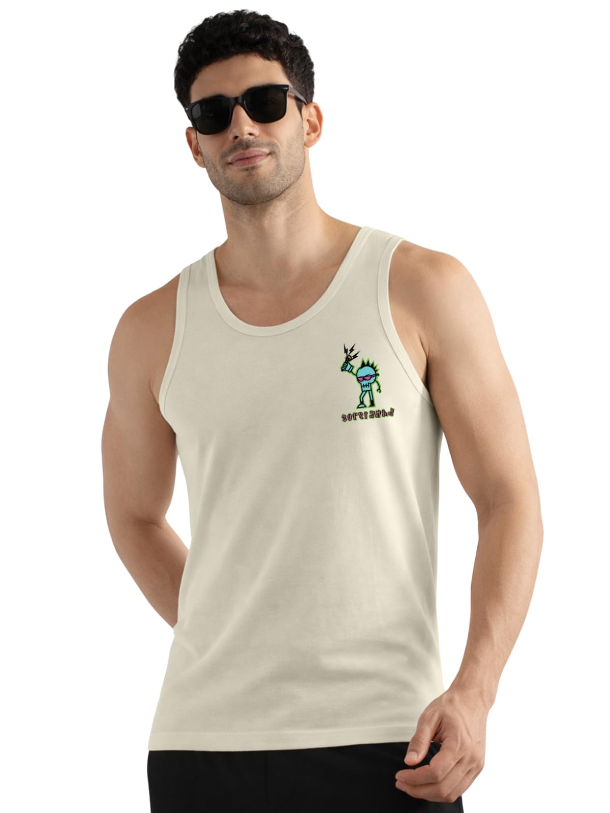 Veirdo Mens 100% Cotton Sleeveless Regular Fit Front Pocket Print Placement Scoop Neck Vest