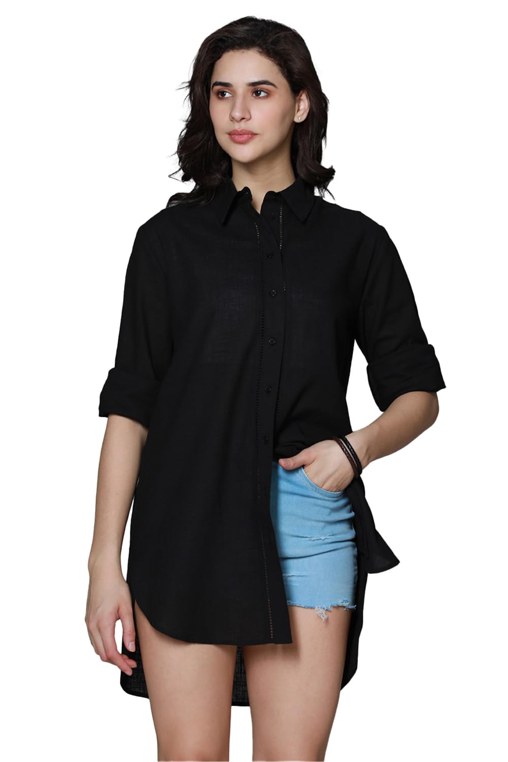 High Star WomenS Solid Oversized Fit Shirt (Hswshs2405_Black