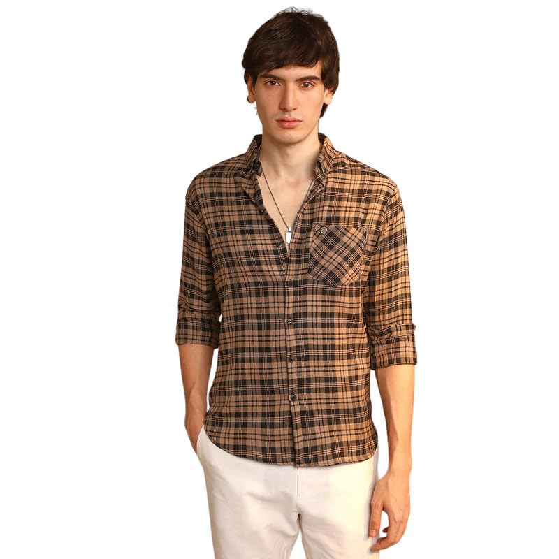 Campus Sutra Mens Tan Brown & Charcoal Black Tartan Plaid Shirt | Casual Wear | Spread Collar | Long Sleeve | Button Closure |
