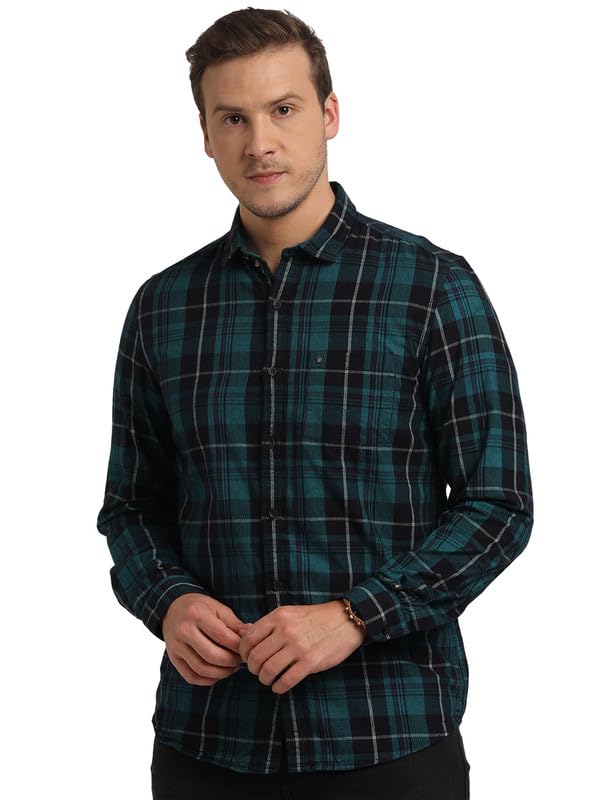 Turtle Men Cord Slim Fit Regular Fitvy Blue Check Full Sleeve Casual Shirt