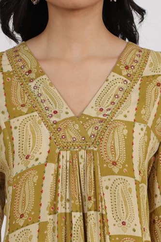 W for Woman Paisley Printed Cotton Crepe Gathe Kurta with Mirror Embroidery