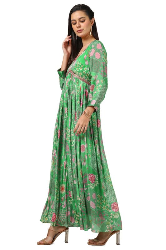 Soch Womens Light Green Chinon Floral Print Dress With Faux Mirror And Sequins