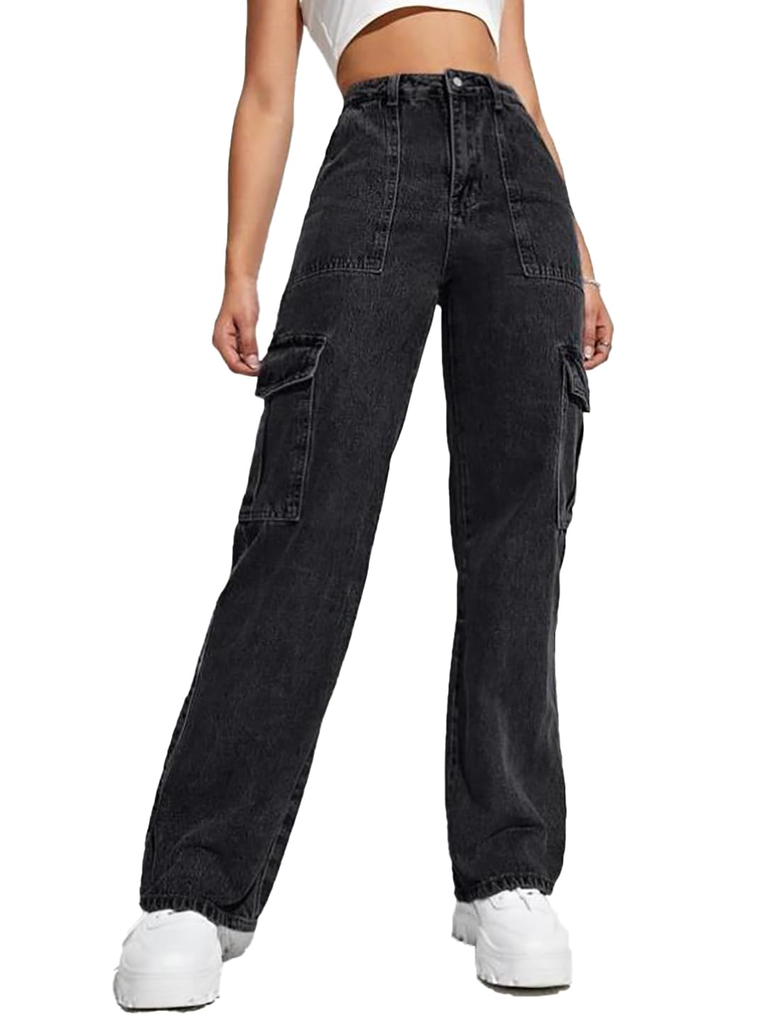 Kotty WomenS Solid High Waist Relaxed Fit Cotton Lycra Blend Cargo Jeans