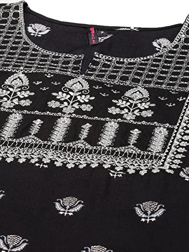ishin Women's Black Embroidered A-line Kurta set With Sharara And Dupatta