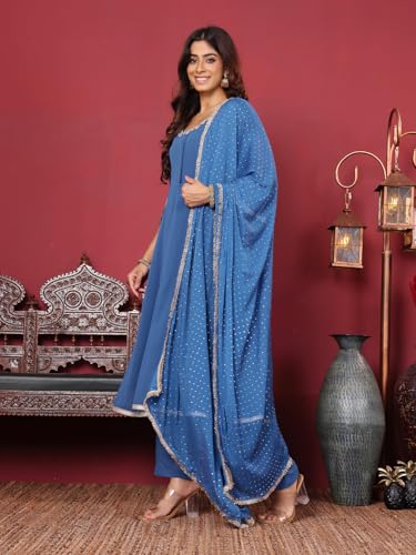Varanga Round Neck Embroidered Anarkali With Tonal Bottom And Dupatta.