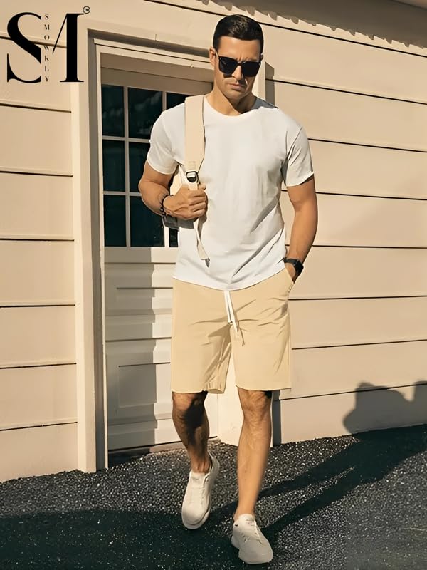 Smowkly MenS Premium Polycotton Casual Ribbed Shorts || Elastic & Drawstring Waist With 2 Pocket || Loose Fit Lightweight Burmu