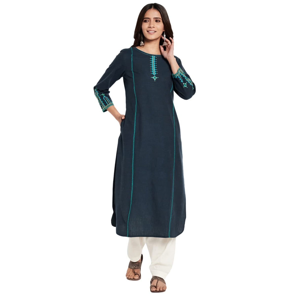 Fabindia WomenS Cotton Embroidered Regular Fit Kurta_Dark Blue_Xs