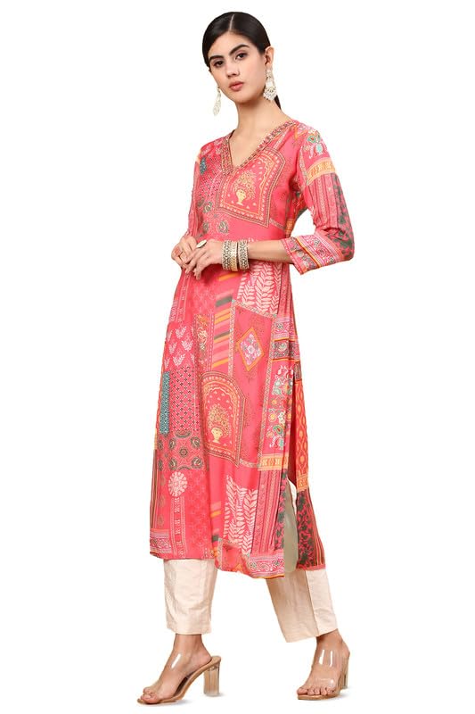 Soch Womens Pink Ethnic Motifs Printed Muslin Straight Kurta with Beads