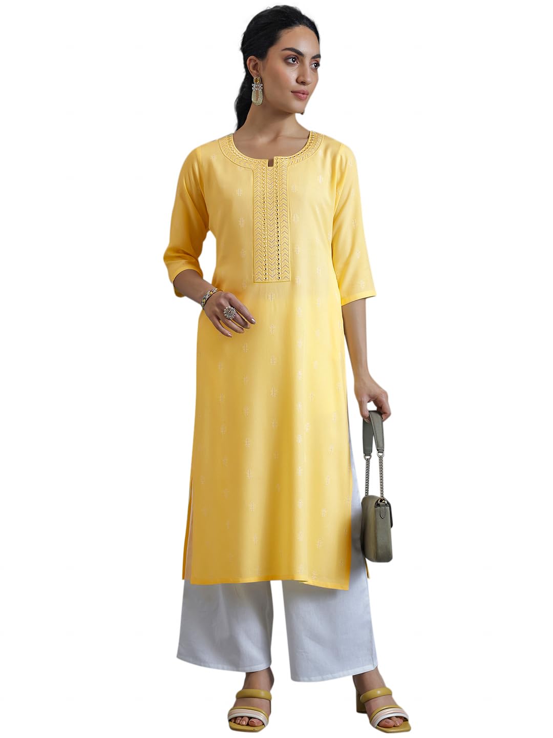 Libas WomenS Cotton Woven Design Straight Kurta (26977_Yellow