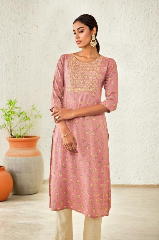 Soch Womens Onion Pink Rayon Floral Printed Straight Kurta with Thread Work