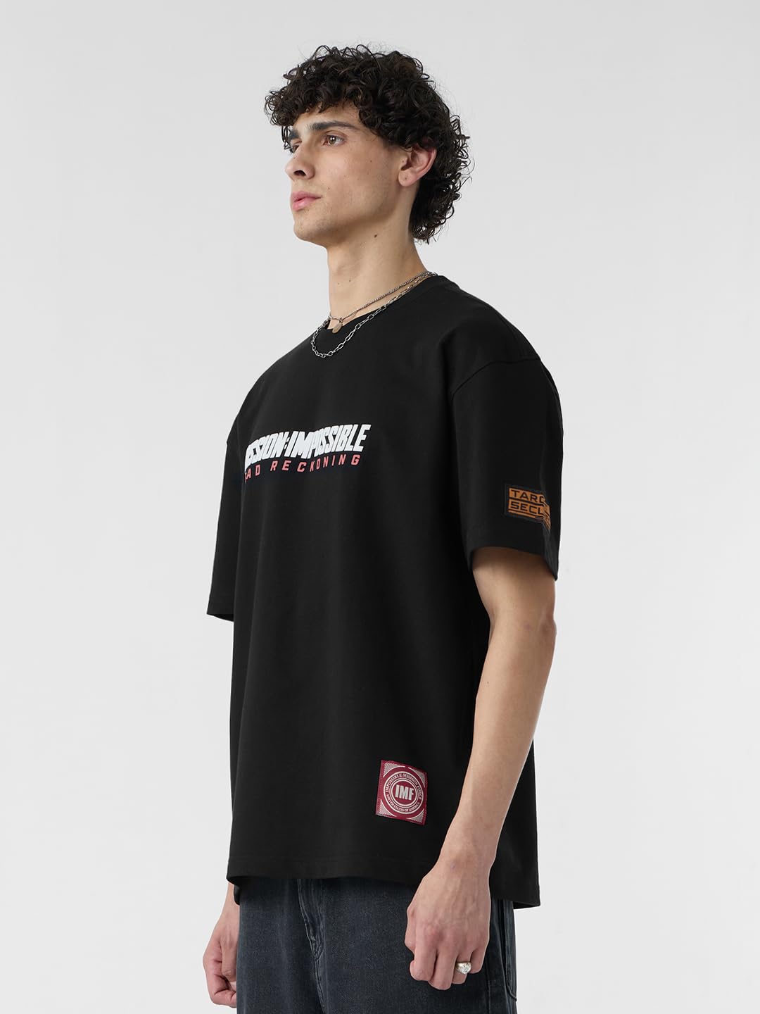 The Souled Store Mission Impossible: Ethan Hunt Men and Boys Short Sleeves Round Neck Black Graphic Printed Cotton Oversized T-S
