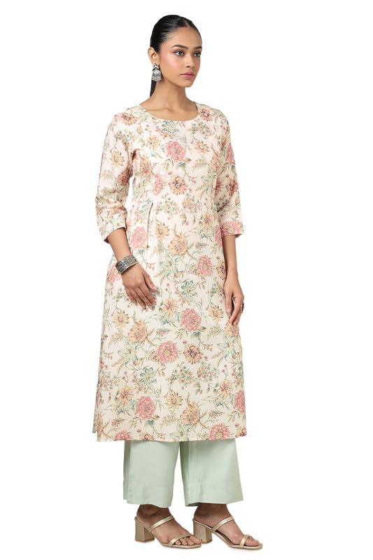 Soch Womens Beige Linen Floral Print Kurta with Beads and Stones