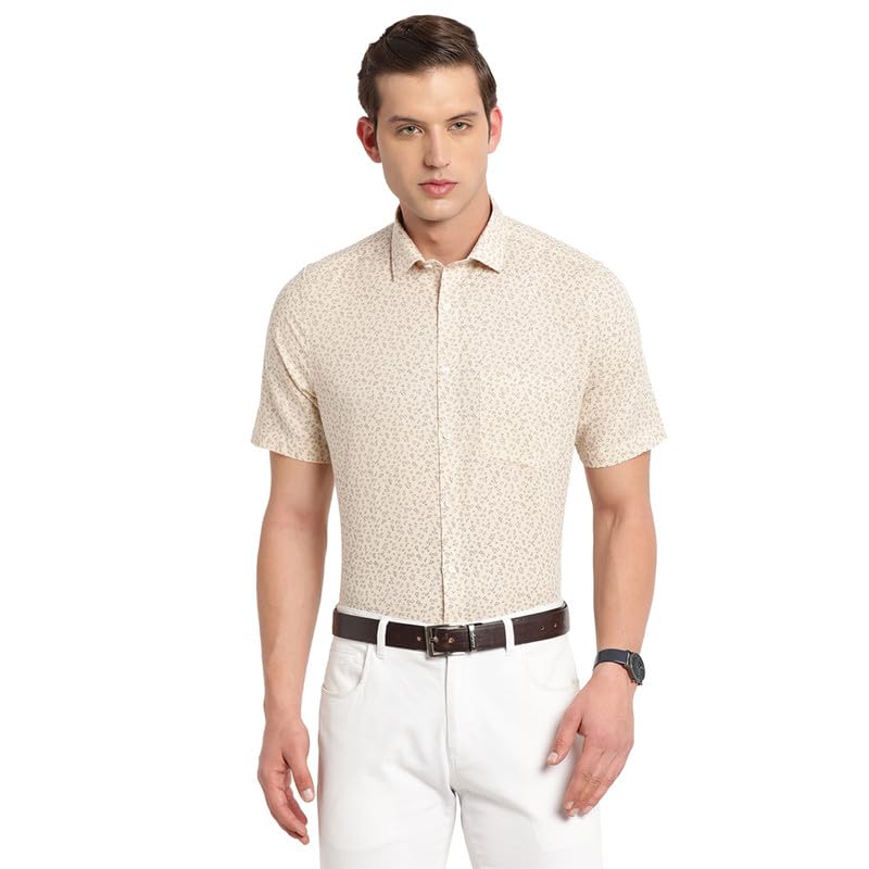 Turtle Men Cotton Linen Beige Prints Slim Fit Formal Shirt