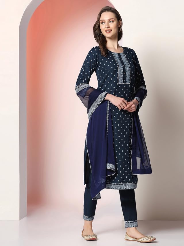 Sanisa Women's Pigment Printed Chinnon Straight Kurta Set with Dupatta