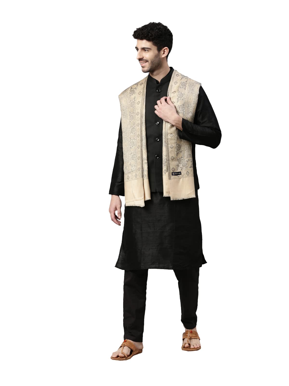 Pashmoda Men Zari Woven Design Stole (Size: 71X203 Cm, Black Color)