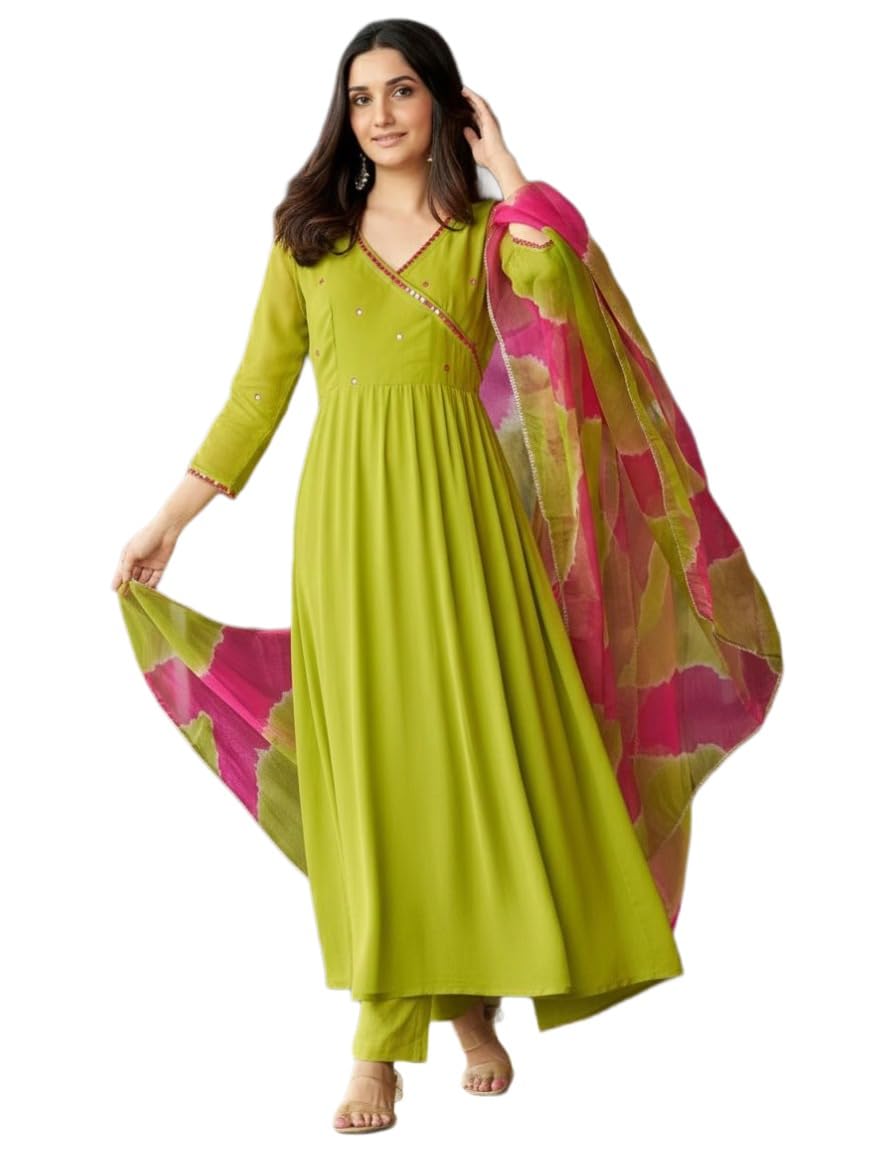ANNI Designer Womens Rayon Viscose Anarkali Mirror Work Kurta with Pant & Dupatta (Bhadresh Green_XXL_Green_XX-Large)