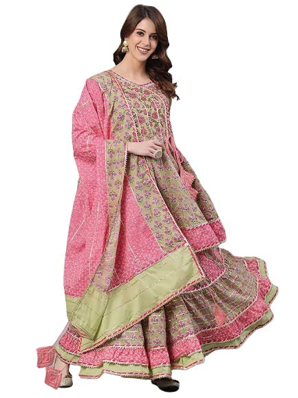 ishin Womens Pure Cotton Green Embroidered Anarkali Kurta suit set With Dupatta & Sharara
